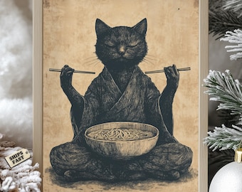 Zen Ramen Cat Poster: Japanese Samurai Kitchen Wall Art