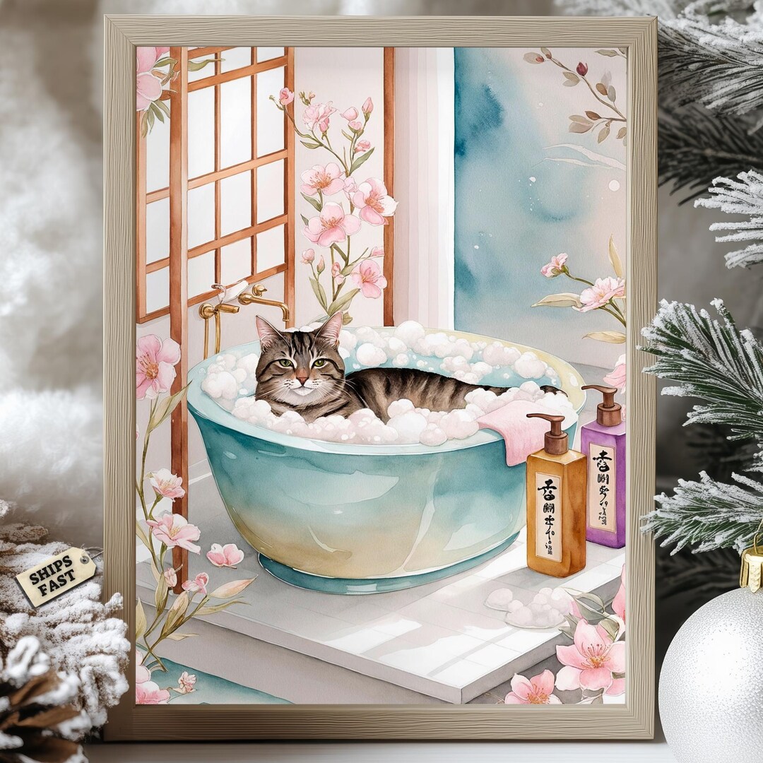 Tabby Cat Bubble Bath Art Print: Japanese Spa Poster - Etsy