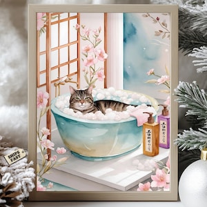 Tabby Cat Bath Poster, Relaxing Japanese Cat in Bubble Bath Art, Tabby Cat in Bathtub, Cozy Bubble Bath Print, Decorative poster, Cat lovers