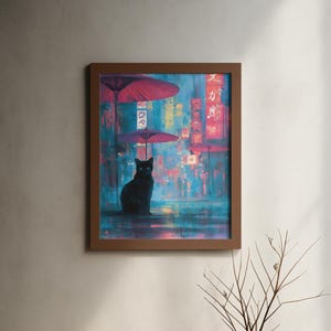 Neon umbrella city scene with black cat, cyberpunk Japanese wall art.