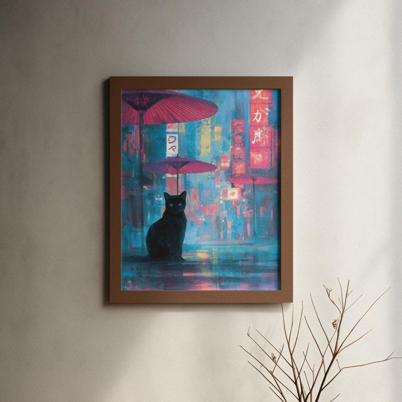 Neon umbrella city scene with black cat, cyberpunk Japanese wall art.