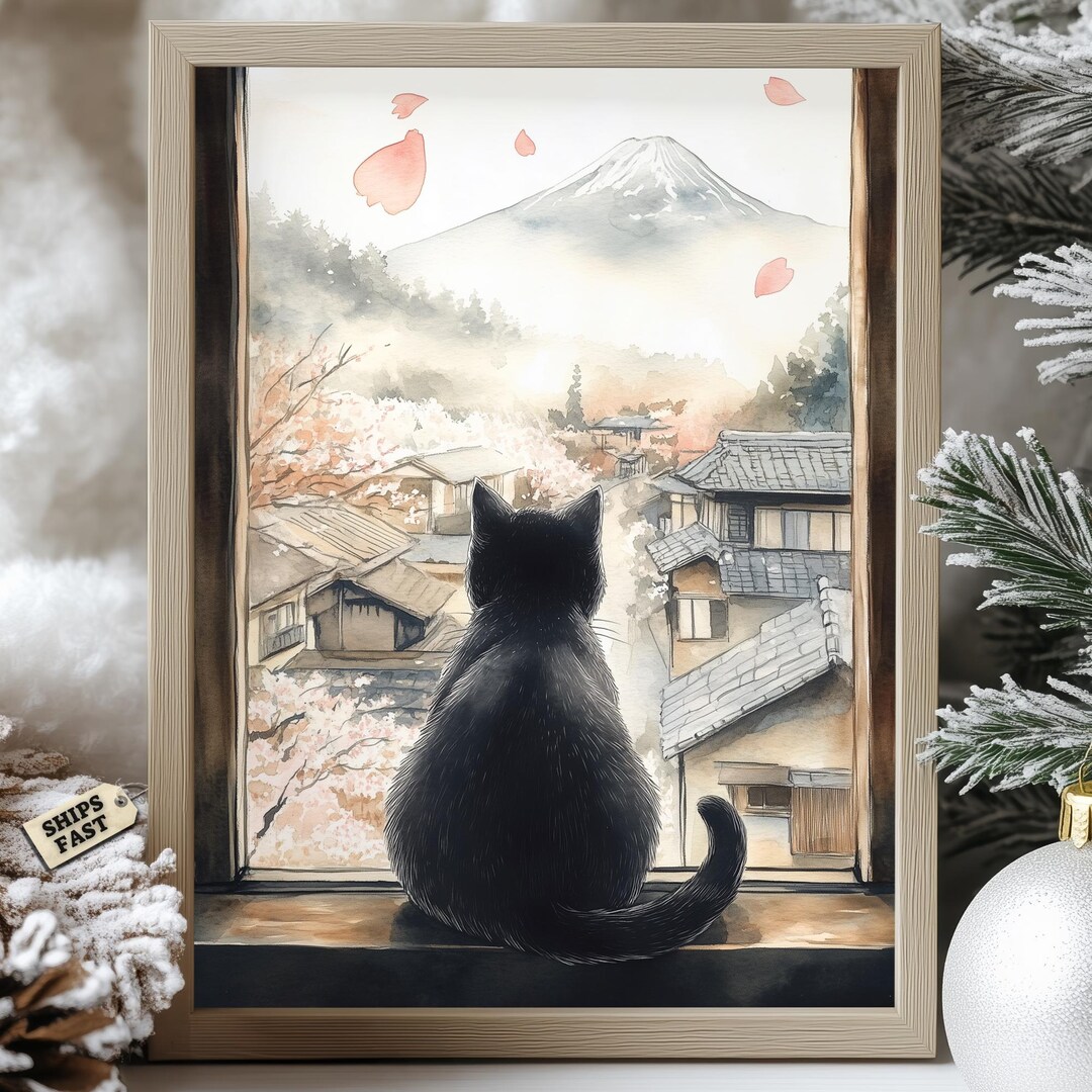 Japanese Black Cat Art Print: Mount Fuji, Sakura Village - Etsy