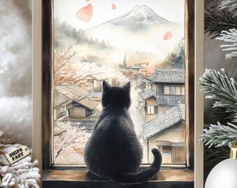 Impresión artística de gato negro japonés: Monte Fuji, aldea Sakura