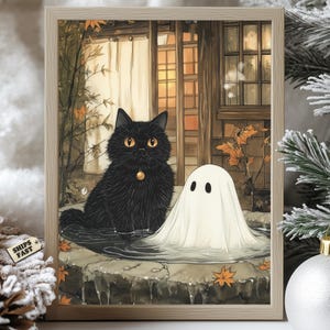 Black Cat And Ghost Poster, Japanese Onsen Wall Art, Cozy Halloween Hot Spring Print, Autumn Cat Ghost Decor, Kawaii Spooky Fall Poster