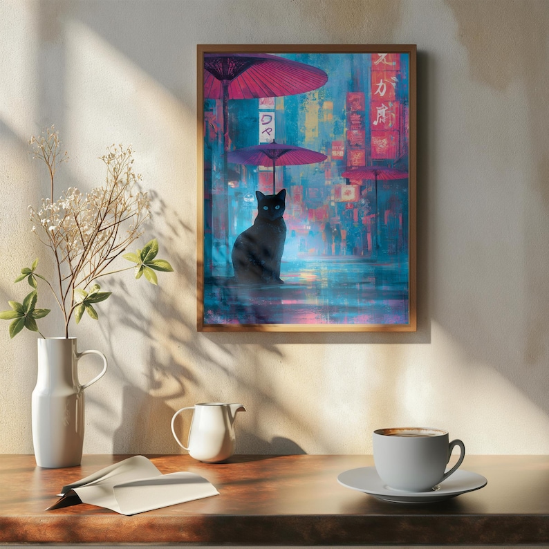 Watercolor cyberpunk black kitty with vibrant lights, urban wall print.