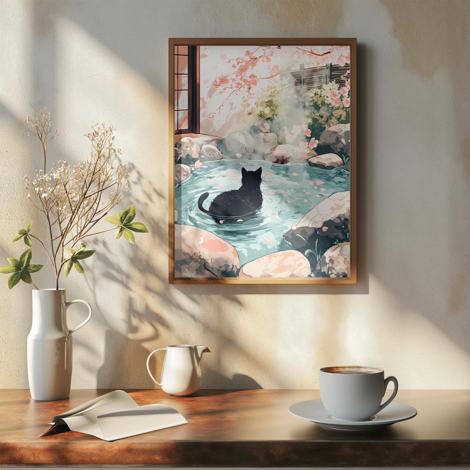 Japanese Black Cat Onsen Poster: Sakura Zen Art Print - Etsy