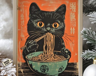 Black Cat Ramen Poster: Japanese Retro Noodle Art