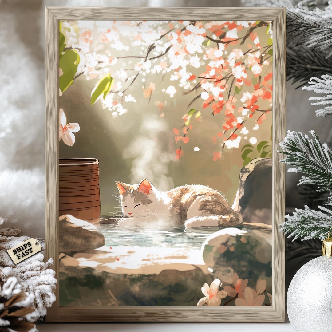 Onsen Cat Art Print: Japanese Hot Spring, Sakura Spa Decor - Etsy