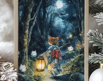 Kimono Cat Lantern Poster: Mystical Japanese Forest Art