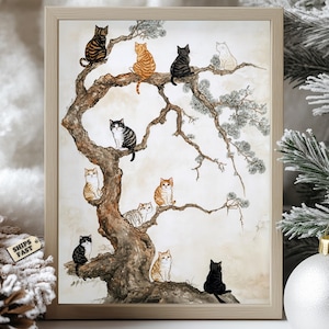 Estampa artística japonesa de gato: Pintura zen con tinta sobre pino.
