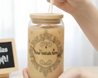 Personalized Engraved Glass Can Mug | Iced Coffee Cup, Bamboo Lid