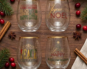 Vintage Christmas Wine Glasses, stemless wine glass, Holiday Gold Rim Glassware, Set of 4,