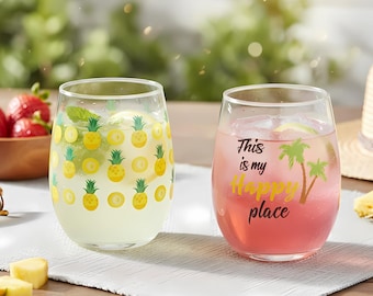 New Home Gift, Tropical Stemless Wine Glasses: Pineapple & Palm Tree Design, Set of 2