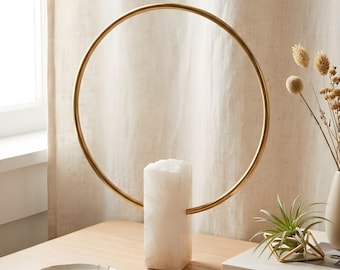 Modern Brass Ring Sculpture | White Stone Base, 19" Table Centerpiece