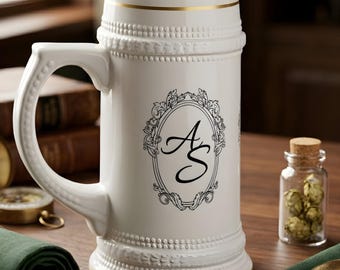 Personalized Ceramic Beer Stein, Custom Monogram Crest Mug, Gold Trim Tankard