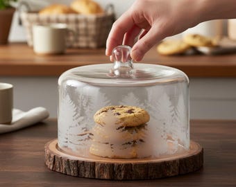 Etched Glass Cake Stand Dome with Wood Base | Rustic Forest Cloche