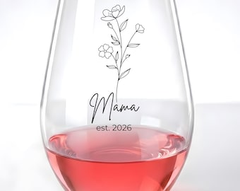 Mama Wildflower Wine Glass, Minimalist Floral Stemless Glass, New Mom Gift