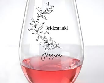Custom Bridesmaid Wine Glass, Botanical Bridal Party Gift, Personalized Wedding Cup