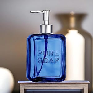 Elegant Blue Glass Soap Dispenser: Reusable Modern Home Decor