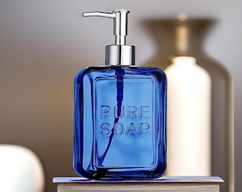 Elegant Blue Glass Soap Dispenser: Reusable Modern Home Decor