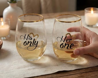 His Only Her One Wine Glass Set, Gold Rim Wedding Gift