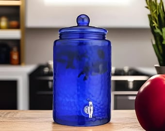 Vintage Cobalt Blue Glass Beverage Dispenser: Hammered 3-Gallon Spigot