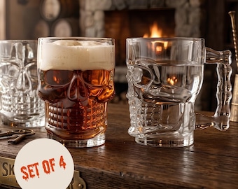 Halloween Skull Glass Mugs Set of 4: Gothic Kitchen Decor