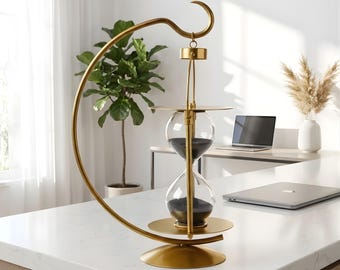 Gold Hanging Hourglass with Black Sand - Modern Desk Decor