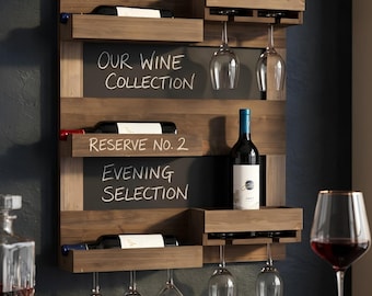 Rustic Wall Mounted Wine Rack with Glass Holder, Wooden Wine Bottle Shelf
