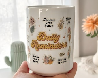 Daily Affirmations Mug, Boho Floral, Mental Health Gift, 15oz