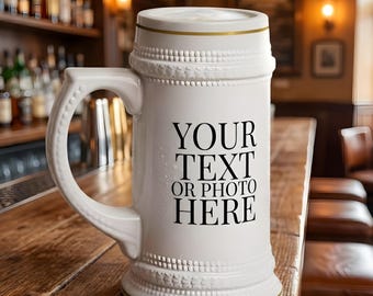 Custom Text Photo Beer Stein, Personalized Ceramic Stein, Tall Oktoberfest Mug