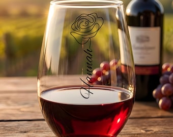 Personalized Stemless Wine Glass, Floral Rose Line Art, Custom Name Gift