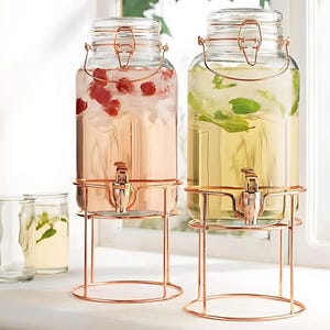 May include: Two glass beverage dispensers with copper-colored metal stands and lids. One dispenser contains pink liquid with raspberries, the other contains yellow liquid with mint leaves. Each has a spigot for dispensing drinks.