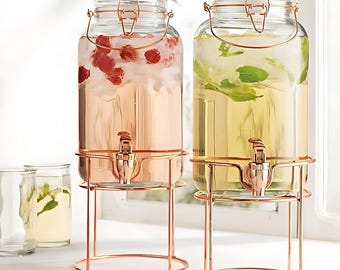 Glass Beverage Dispenser Set: Copper Stand, Locking Lid - 1 Gallon