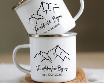 Minimalist Mountain Enamel Camping Mug, Custom Couple Engagement Gift