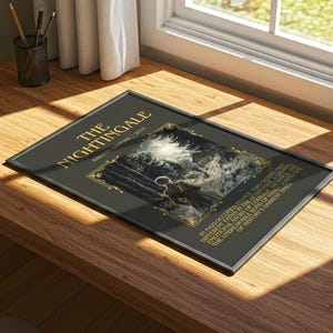 Peut inclure: Une impression encadr&eacute;e intitul&eacute;e "The Nightingale" sur une surface en bois. L'impression a un fond noir avec des lettres dor&eacute;es et une image centrale. Le texte comprend l'ann&eacute;e 2015 et du texte descriptif suppl&eacute;mentaire.