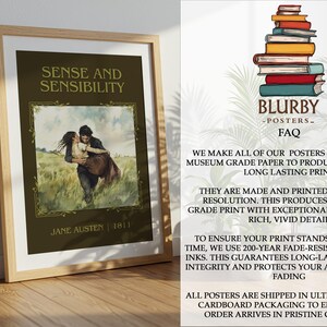 May include: Framed poster featuring the book title "Sense and Sensibility" by Jane Austen. The artwork depicts a couple embracing in a field. The poster is in a wooden frame and is displayed on a wooden surface.