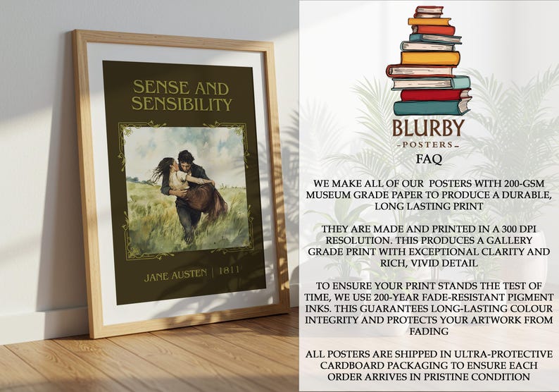 May include: Framed poster featuring the book title "Sense and Sensibility" by Jane Austen. The artwork depicts a couple embracing in a field. The poster is in a wooden frame and is displayed on a wooden surface.