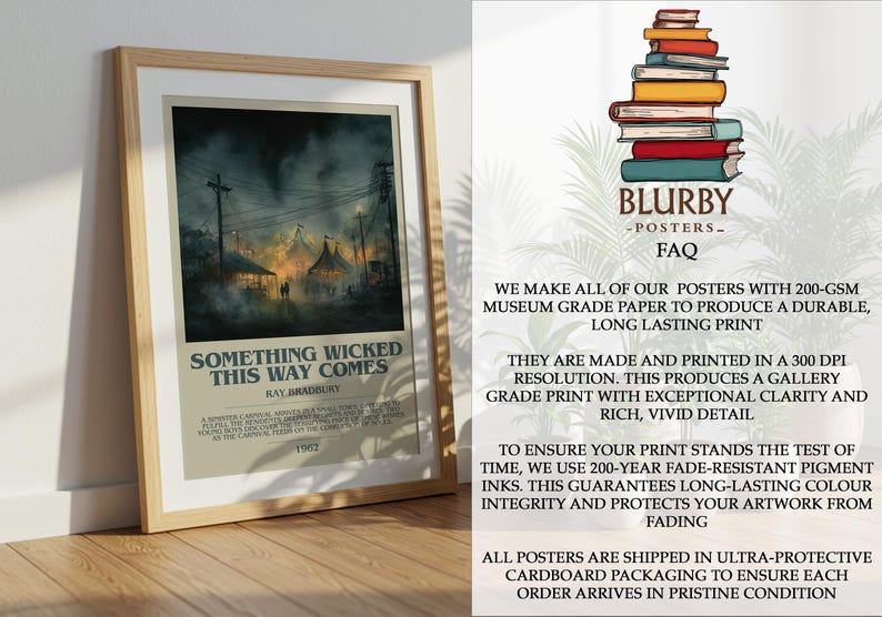 May include: Framed poster featuring the title "SOMETHING WICKED THIS WAY COMES" by Ray Bradbury. The artwork depicts a dark, atmospheric scene with a carnival and text at the bottom. The poster is in a wooden frame.