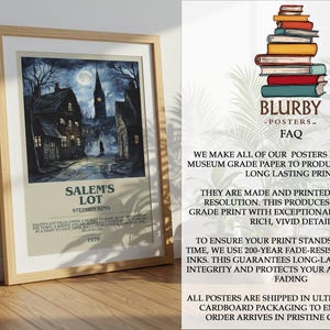 May include: Framed poster of Stephen King's "Salem's Lot" with a dark, atmospheric illustration of a town at night. The poster features a full moon, a church steeple, and the book's title and author.