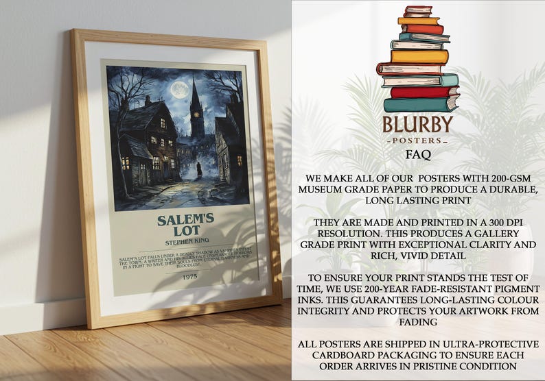 May include: Framed poster of Stephen King's "Salem's Lot" with a dark, atmospheric illustration of a town at night. The poster features a full moon, a church steeple, and the book's title and author.