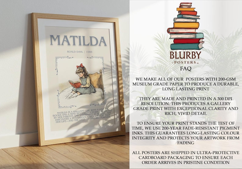 Matilda by Roald Dahl Book Poster, Children's Literary Wall Art ...