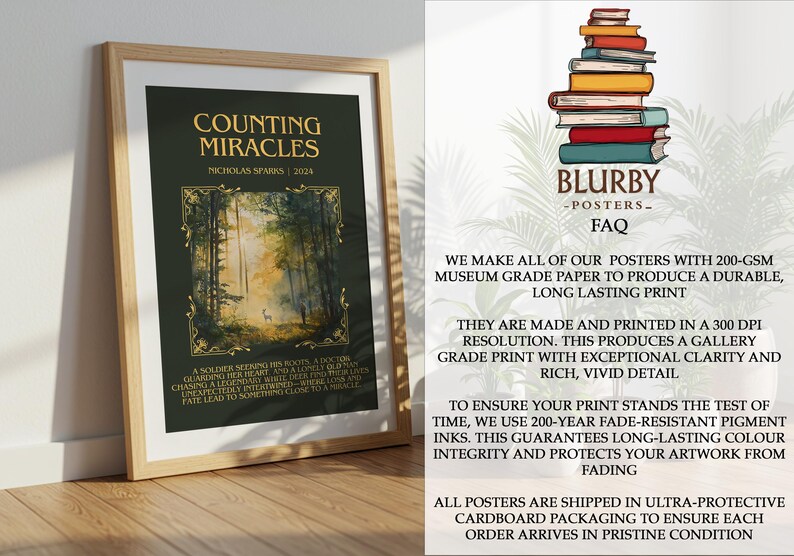 May include: A framed poster titled "Counting Miracles" by Nicholas Sparks, 2024. The artwork features a forest scene with a deer and a person. The poster is displayed on a wooden floor, leaning against a white wall. The poster is from Blurby Posters.