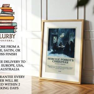 May include: A framed poster of "Hercule Poirot's Christmas" by Agatha Christie. The artwork depicts a dimly lit scene with figures around a table. The poster is in a wooden frame. The Blurbly Posters logo is visible.