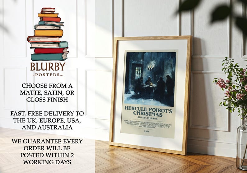 May include: A framed poster of "Hercule Poirot's Christmas" by Agatha Christie. The artwork depicts a dimly lit scene with figures around a table. The poster is in a wooden frame. The Blurbly Posters logo is visible.