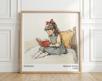 Matilda by Roald Dahl Square Book Print, Children's Literary Wall Art, Reader Gift, Reading Nook Poster