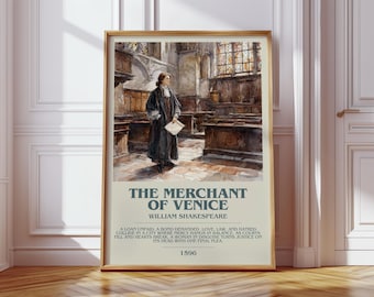 The Merchant of Venice by William Shakespeare Modern Book Print Poster, Classic Literature Literary Art, Reader Gift, Bookshelf Decor