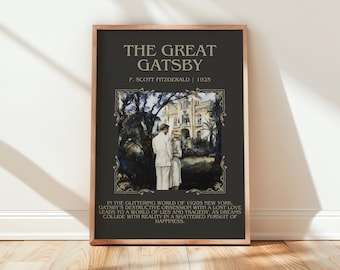 The Great Gatsby door F. Scott Fitzgerald boekposter, klassieke literatuur literaire kunst aan de muur, leesgrage cadeau, leeshoekje afdrukken