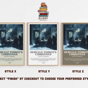 May include: Three framed posters of "Hercule Poirot's Christmas" by Agatha Christie, each with a different background color. The posters feature a dark illustration of a group of people around a table. The text "Hercule Poirot's Christmas" is displayed prominently.
