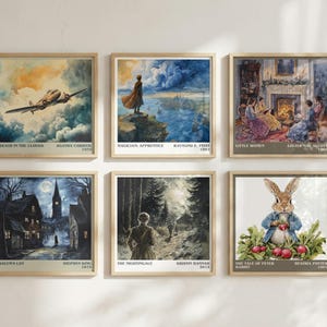 Puede incluir: Seis impresiones art&iacute;sticas enmarcadas con portadas de libros. Las impresiones incluyen "Death in the Clouds" de Agatha Christie, "Magician's Apprentice" de Raymond E. Feist y "Little Women" de Louisa May Alcott. Otras impresiones incluyen "Salem's Lot" de Stephen King, "The Nightingale" de Kristin Hannah y "The Tale of Peter Rabbit" de Beatrix Potter.